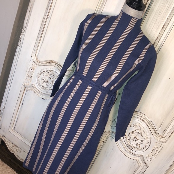 New Fashion Cadet Blue with Cream Strips Mock Neck Self Belts Long Sleeve Dress - Picture 3 of 12
